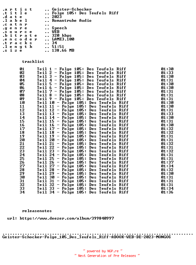 NFO for the release Geister-Schocker-Folge_105_Des_Teufels_Riff-ABOOK-WEB-DE-2023-MONGOS by MONGOS
