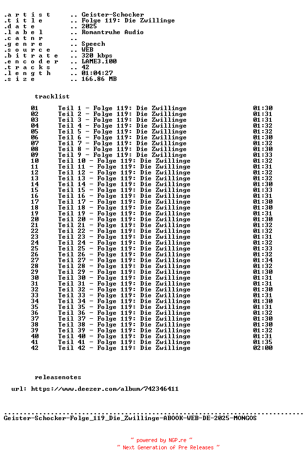NFO for the release Geister-Schocker-Folge_119_Die_Zwillinge-ABOOK-WEB-DE-2025-MONGOS by MONGOS