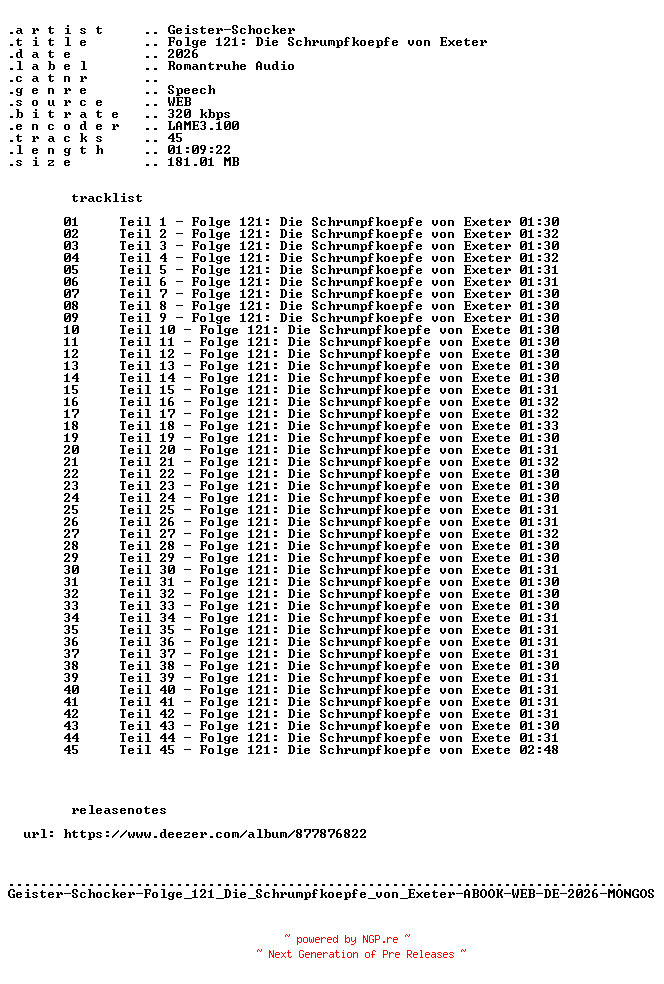 NFO for the release Geister-Schocker-Folge_121_Die_Schrumpfkoepfe_von_Exeter-ABOOK-WEB-DE-2026-MONGOS by MONGOS