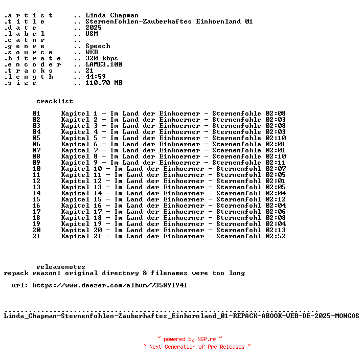 NFO for the release Linda_Chapman-Sternenfohlen-Zauberhaftes_Einhornland_01-REPACK-ABOOK-WEB-DE-2025-MONGOS by MONGOS