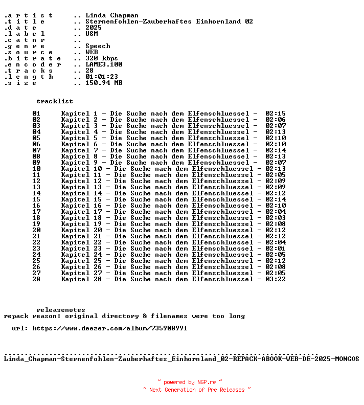 NFO for the release Linda_Chapman-Sternenfohlen-Zauberhaftes_Einhornland_02-REPACK-ABOOK-WEB-DE-2025-MONGOS by MONGOS