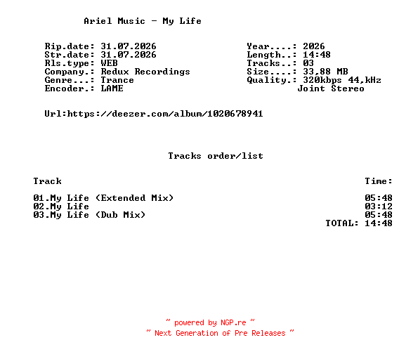 NFO for the release Ariel_Music_-_My_Life-(RDX707)-WEB-2026-FMC by FMC