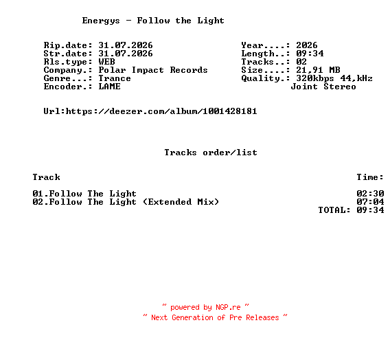 NFO for the release Energys_-_Follow_The_Light-(PIR076)-WEB-2026-FMC by FMC