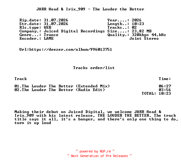 NFO for the release JARR_Head_And_Irix_909_-_The_Louder_The_Better-(JDR163)-WEB-2026-FMC by FMC