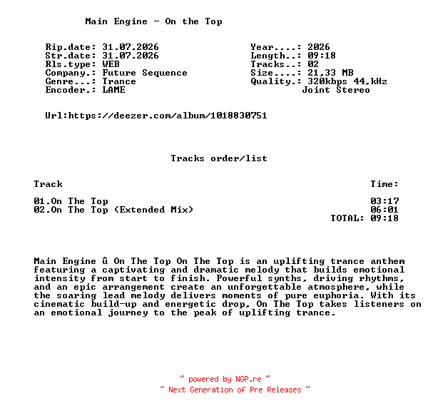 NFO for the release Main_Engine_-_On_The_Top-(FS317)-WEB-2026-FMC by FMC