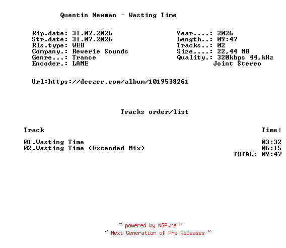 NFO for the release Quentin_Newman_-_Wasting_Time-(REVERIE047)-WEB-2026-FMC by FMC