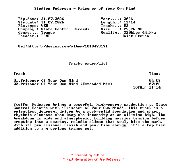 NFO for the release Steffen_Pedersen_-_Prisoner_Of_Your_Own_Mind-(SCR755)-WEB-2026-FMC by FMC