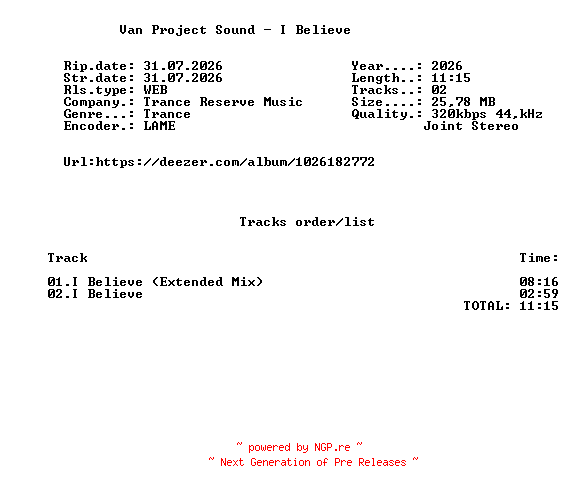NFO for the release Van_Project_Sound_-_I_Believe-(TRM111)-WEB-2026-FMC by FMC
