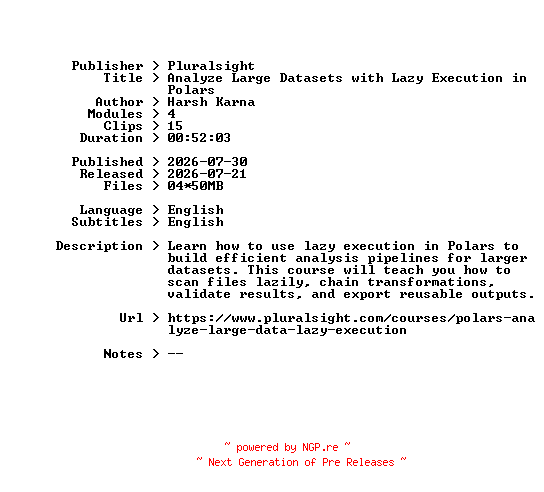 NFO for the release Pluralsight.Analyze.Large.Datasets.with.Lazy.Execution.in.Polars.2026.BOOKWARE-GETH by GETH