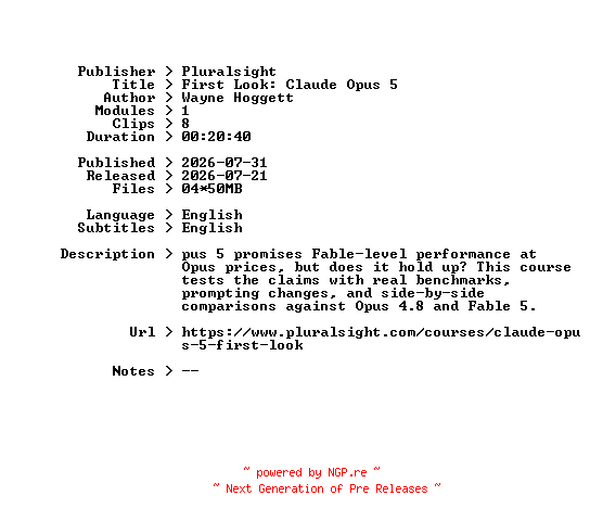 NFO for the release Pluralsight.First.Look.Claude.Opus.5.2026.BOOKWARE-GETH by GETH