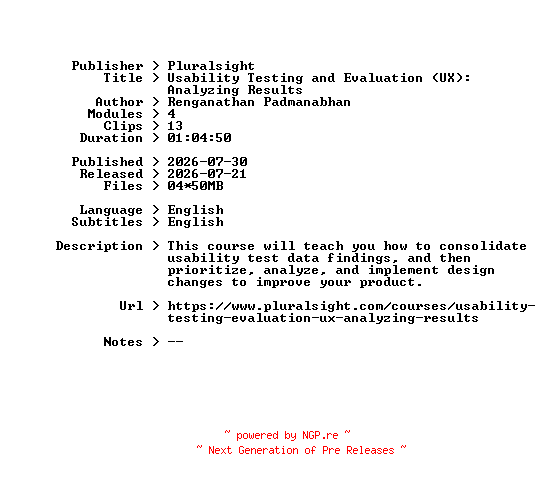 NFO for the release Pluralsight.Usability.Testing.and.Evaluation.UX.Analyzing.Results.2026.BOOKWARE-GETH by GETH