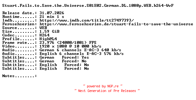 NFO for the release Stuart.Fails.to.Save.the.Universe.S01E02.German.DL.1080p.WEB.h264-WvF by WvF
