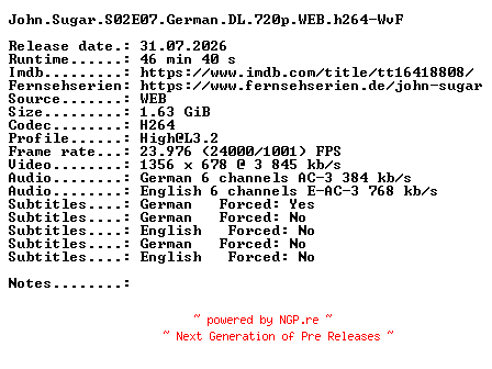 NFO for the release John.Sugar.S02E07.German.DL.720p.WEB.h264-WvF by WvF