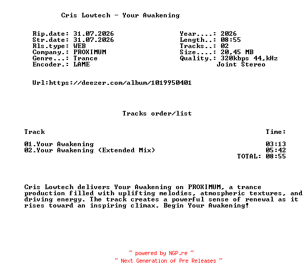 NFO for the release Cris_Lowtech_-_Your_Awakening-(PXM101)-WEB-2026-FMC by FMC