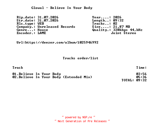 NFO for the release Glowal_-_Believe_In_Your_Body-(UR073)-WEB-2026-FMC by FMC