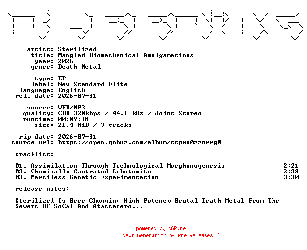 NFO for the release Sterilized-Mangled_Biomechanical_Amalgamations-EP-WEB-2026-BLEEDiNG by BLEEDiNG
