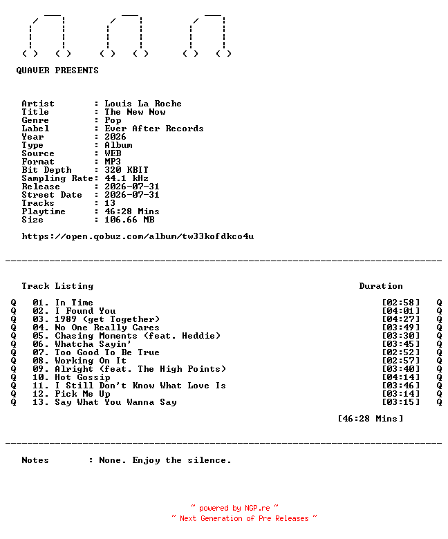NFO for the release Louis_La_Roche-The_New_Now-WEB-2026-QUAVER by QUAVER