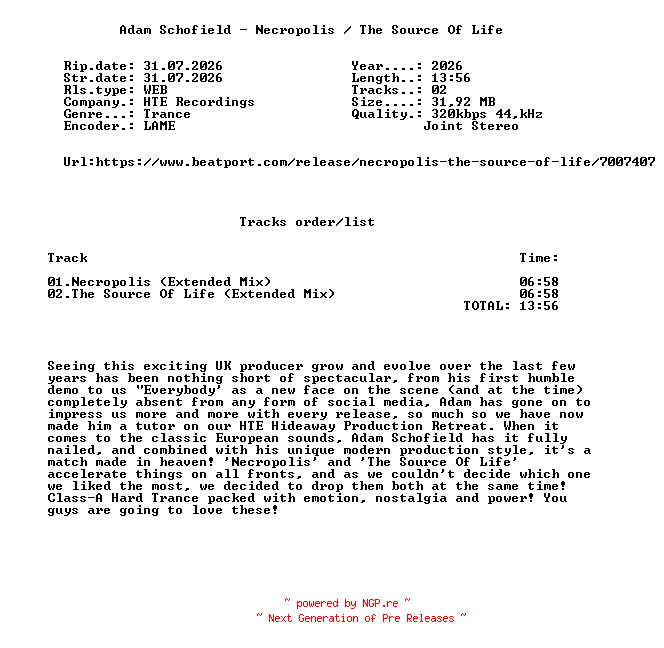 NFO for the release Adam_Schofield_-_Necropolis__The_Source_Of_Life-(HTE371)-WEB-2026-FMC by FMC
