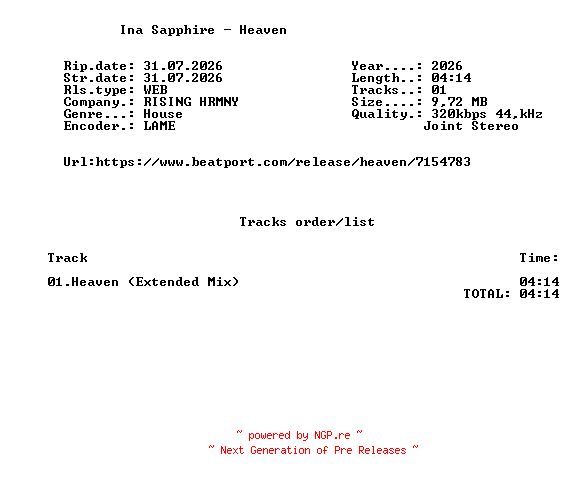 NFO for the release Ina_Sapphire_-_Heaven-(RH039)-SINGLE-WEB-2026-FMC by FMC