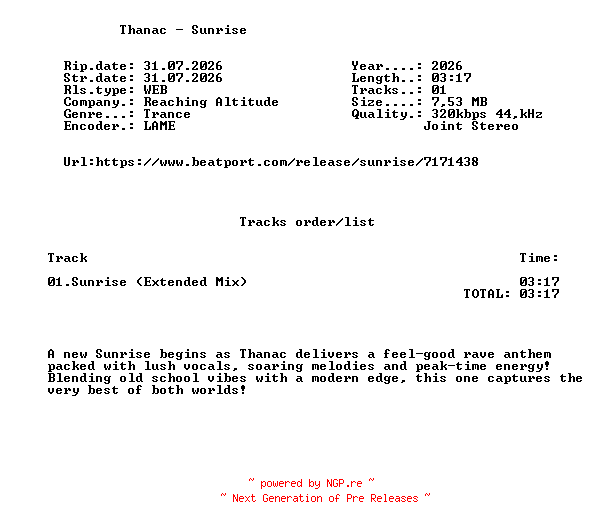 NFO for the release Thanac_-_Sunrise-(RA422)-SINGLE-WEB-2026-FMC by FMC