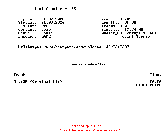 NFO for the release Tini_Gessler_-_125_(Original_Mix)-SINGLE-WEB-2026-FMC by FMC