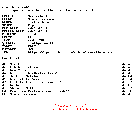 NFO for the release Gaensehaut-Morgendaemmerung-DE-16BIT-WEB-FLAC-2026-ENRiCH by ENRiCH