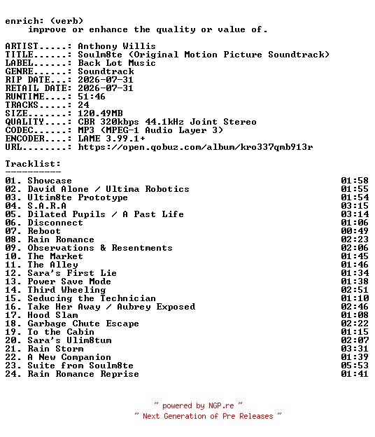 NFO for the release Anthony_Willis-Soulm8te_(Original_Motion_Picture_Soundtrack)-OST-WEB-2026-ENRiCH by ENRiCH