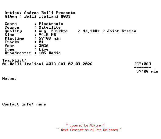 NFO for the release Andrea_Belli_Presents-Belli_Italiani_033-SAT-07-03-2026-LFA by LFA