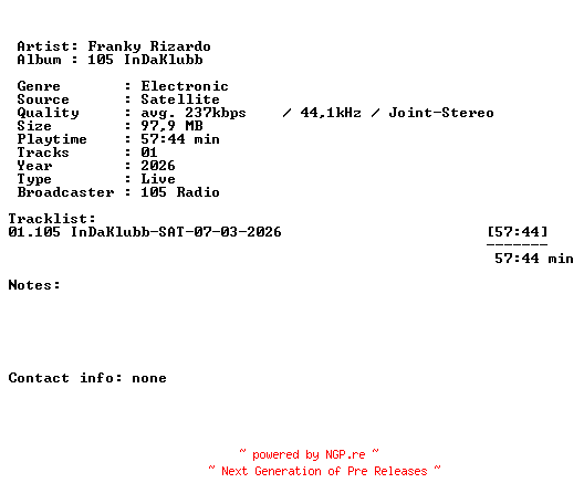NFO for the release Franky_Rizardo-105_InDaKlubb-SAT-07-03-2026-LFA by LFA