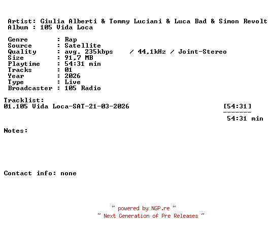 NFO for the release Giulia_Alberti_and_Tommy_Luciani_and_Luca_Bad_and_Simon_Revolt-105_Vida_Loca-SAT-21-03-2026-LFA by LFA