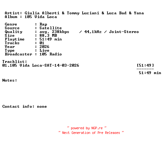 NFO for the release Giulia_Alberti_and_Tommy_Luciani_and_Luca_Bad_and_Yana-105_Vida_Loca-SAT-14-03-2026-LFA by LFA