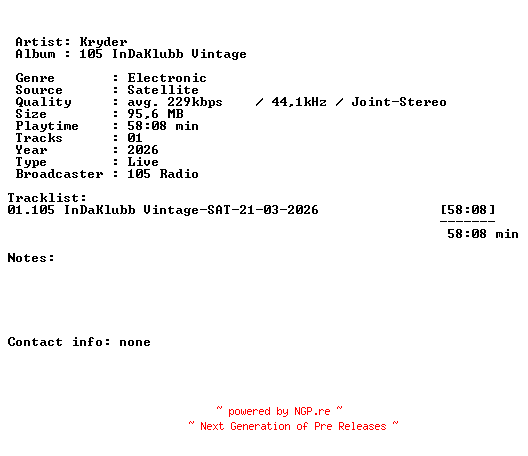 NFO for the release Kryder-105_InDaKlubb_Vintage-SAT-21-03-2026-LFA by LFA