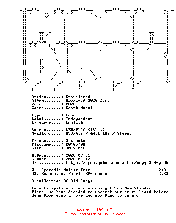 NFO for the release Sterilized-Archived_2025_Demo-DEMO-16BIT-WEB-FLAC-2026-MOONBLOOD by MOONBLOOD