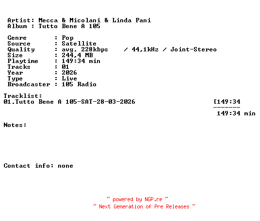 NFO for the release Mecca_and_Micolani_and_Linda_Pani-Tutto_Bene_A_105-SAT-28-03-2026-LFA by LFA