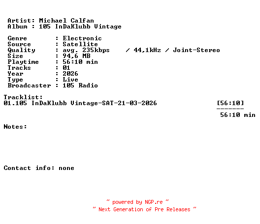 NFO for the release Michael_Calfan-105_InDaKlubb_Vintage-SAT-21-03-2026-LFA by LFA