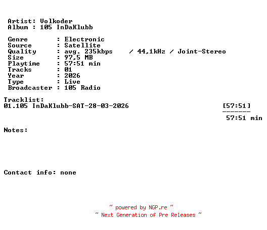 NFO for the release Volkoder-105_InDaKlubb-SAT-28-03-2026-LFA by LFA
