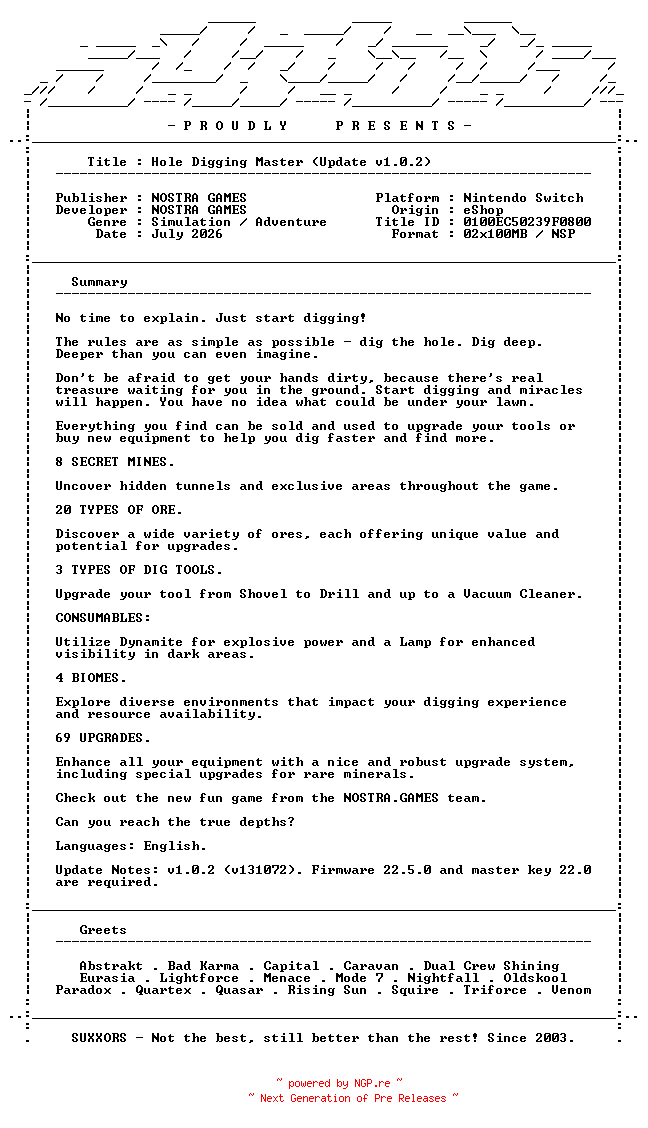 NFO for the release Hole_Digging_Master_Update_v1.0.2_NSW-SUXXORS by SUXXORS