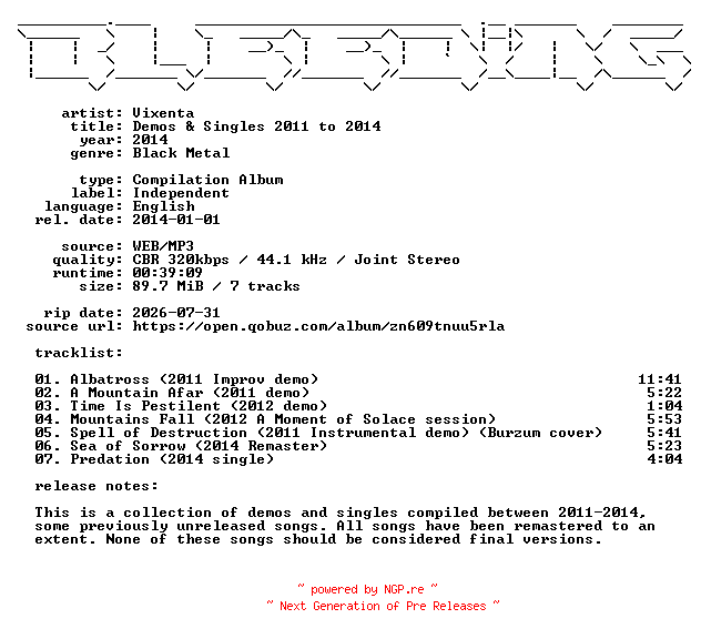 NFO for the release Vixenta-Demos_and_Singles_2011_to_2014-WEB-2014-BLEEDiNG by BLEEDiNG
