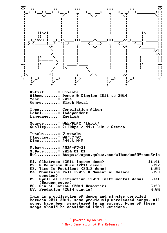 NFO for the release Vixenta-Demos_and_Singles_2011_to_2014-16BIT-WEB-FLAC-2014-MOONBLOOD by MOONBLOOD