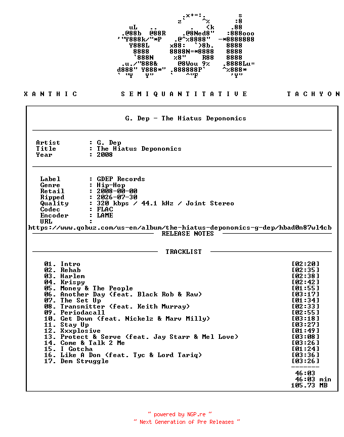 NFO for the release G._Dep-The_Hiatus_Deponomics-WEB-2008-xST by xST