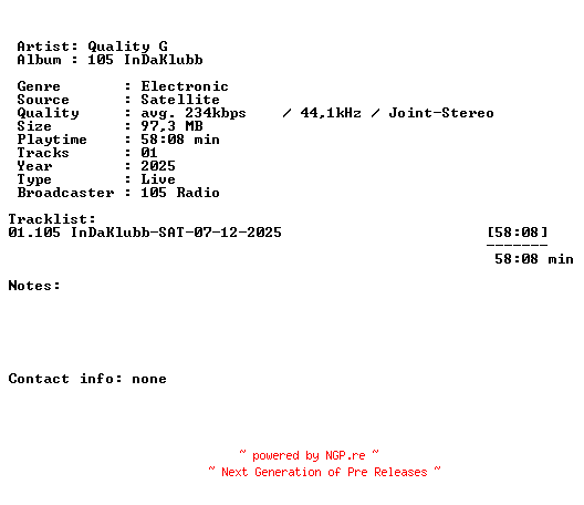 NFO for the release Quality_G-105_InDaKlubb-SAT-07-12-2025-LFA by LFA