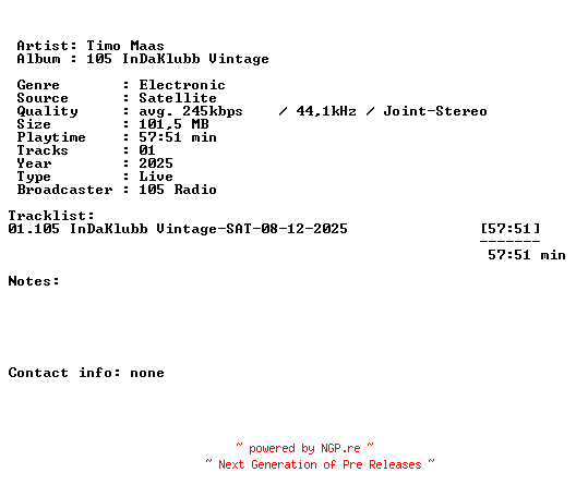NFO for the release Timo_Maas-105_InDaKlubb_Vintage-SAT-08-12-2025-LFA by LFA