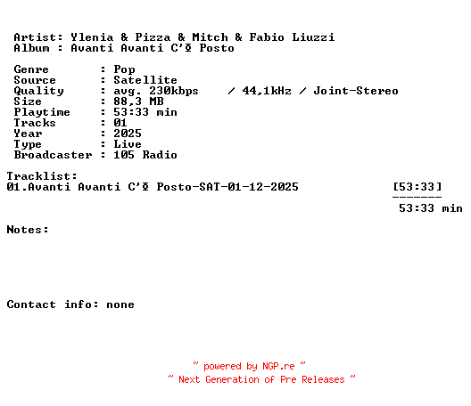 NFO for the release Ylenia_and_Pizza_and_Mitch_and_Fabio_Liuzzi-Avanti_Avanti_Ce_Posto-SAT-01-12-2025-LFA by LFA