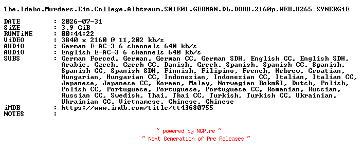 NFO for the release The.Idaho.Murders.Ein.College.Albtraum.S01E01.GERMAN.DL.DOKU.2160p.WEB.H265-SYNERGiE by SYNERGiE