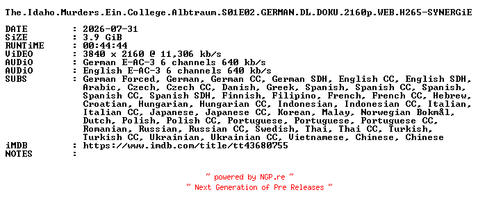 NFO for the release The.Idaho.Murders.Ein.College.Albtraum.S01E02.GERMAN.DL.DOKU.2160p.WEB.H265-SYNERGiE by SYNERGiE