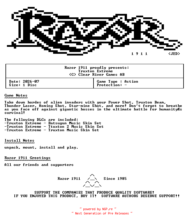 NFO for the release Truxton_Extreme-Razor1911 by Razor1911