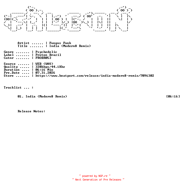 NFO for the release Fungus_Funk-India_MODERN8_Remix-(PROBR053)-SINGLE-WEB-2026-FALCON by FALCON