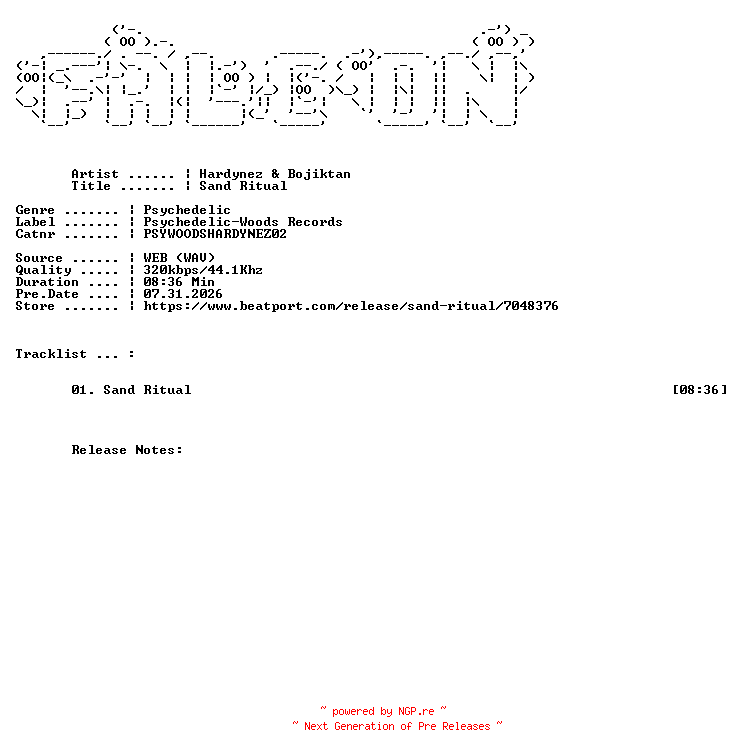 NFO for the release Hardynez_And_Bojiktan-Sand_Ritual-(PSYWOODSHARDYNEZ02)-SINGLE-WEB-2026-FALCON by FALCON