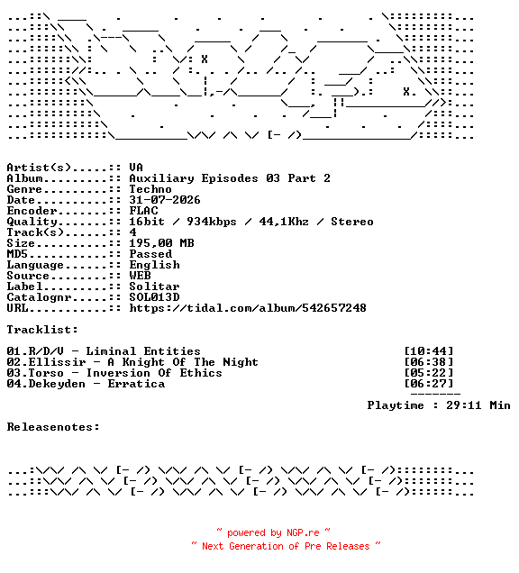 NFO for the release VA-Auxiliary_Episodes_03_Part_2-SOL013D-16BIT-WEB-FLAC-2026-WAVED by WAVED