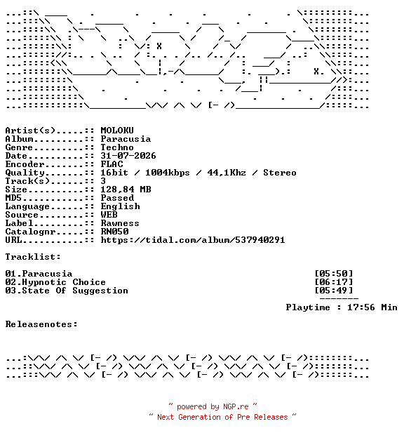 NFO for the release MOLOKU-Paracusia-RN050-16BIT-WEB-FLAC-2026-WAVED by WAVED
